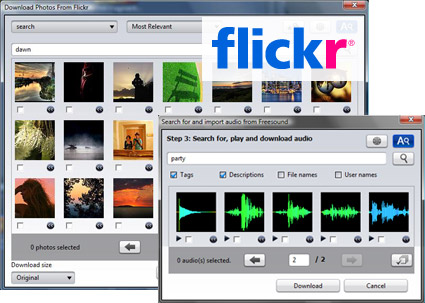 Get free flickr(r) and freesound(tm) media for your video editing projects by searching from within PowerDirector.