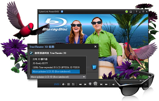 PowerDVD 10 支援最新3D電影及3D硬體設備，讓您擁有更多彈性選擇